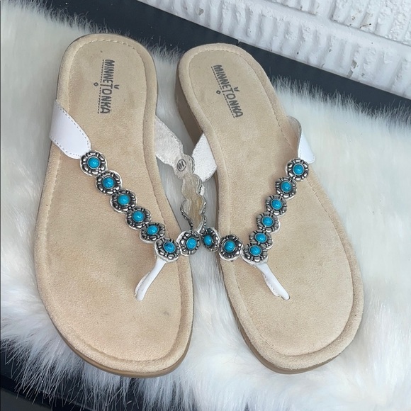 Minnetonka Women's White and Turquoise Sandals - Picture 1 of 2